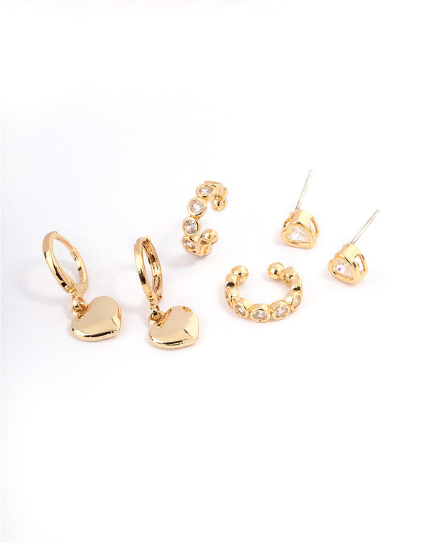 Gold Plated Brass Cubic Zirconia Heart Huggie & Cuff Earrings Pack