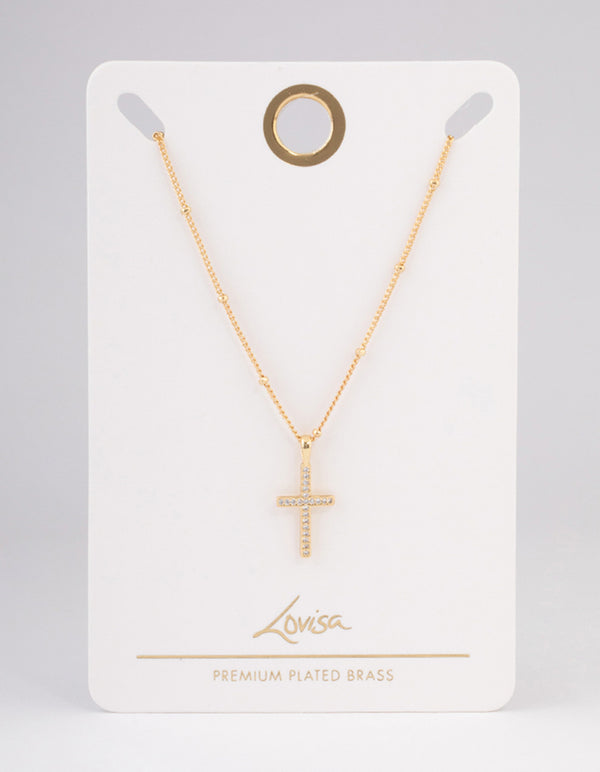Gold Plated Brass Cubic Zirconia Paved Cross Necklace