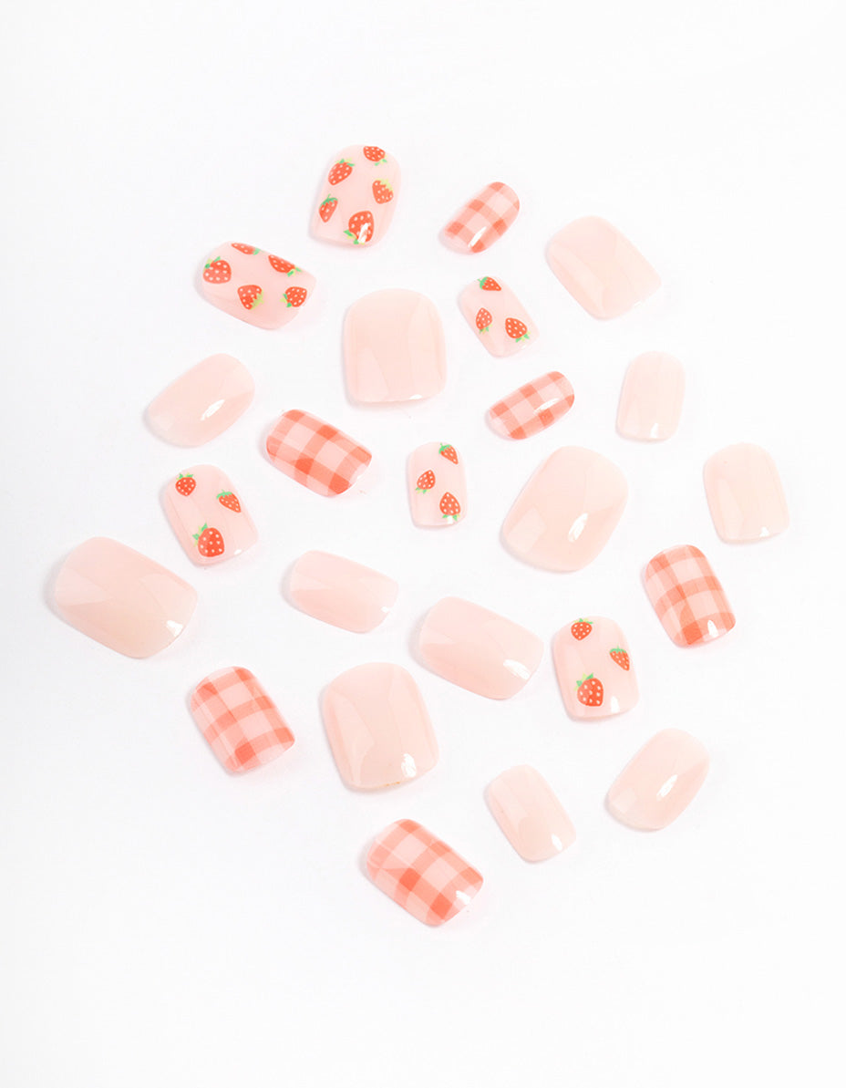 Tweens Strawberry & Checkered Press On Nails