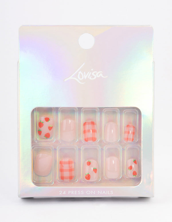 Tweens Strawberry & Checkered Press On Nails