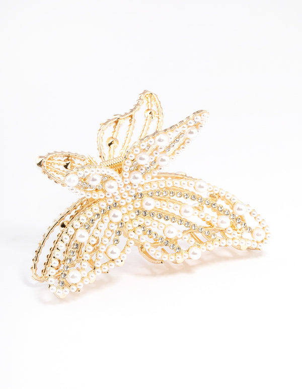 Gold Pearl Butterfly Hair Claw
