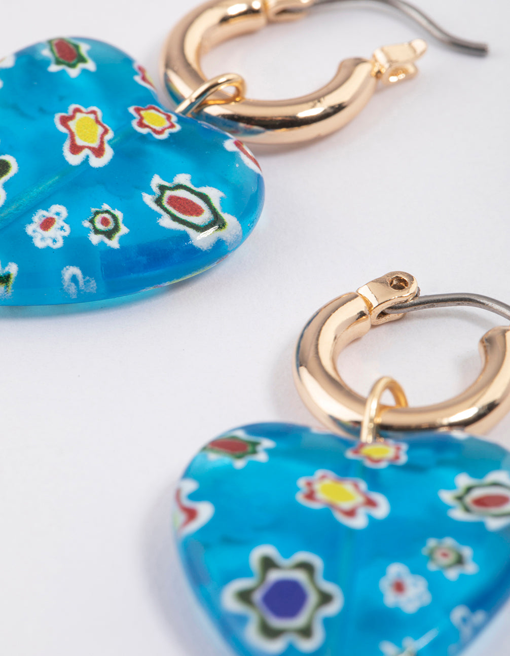 Blue Printed Heart Hoop Earrings