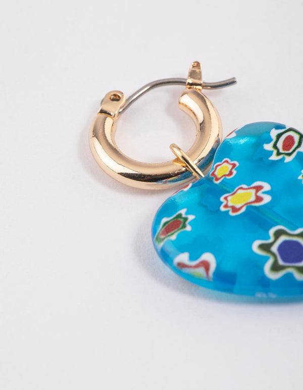 Blue Printed Heart Hoop Earrings