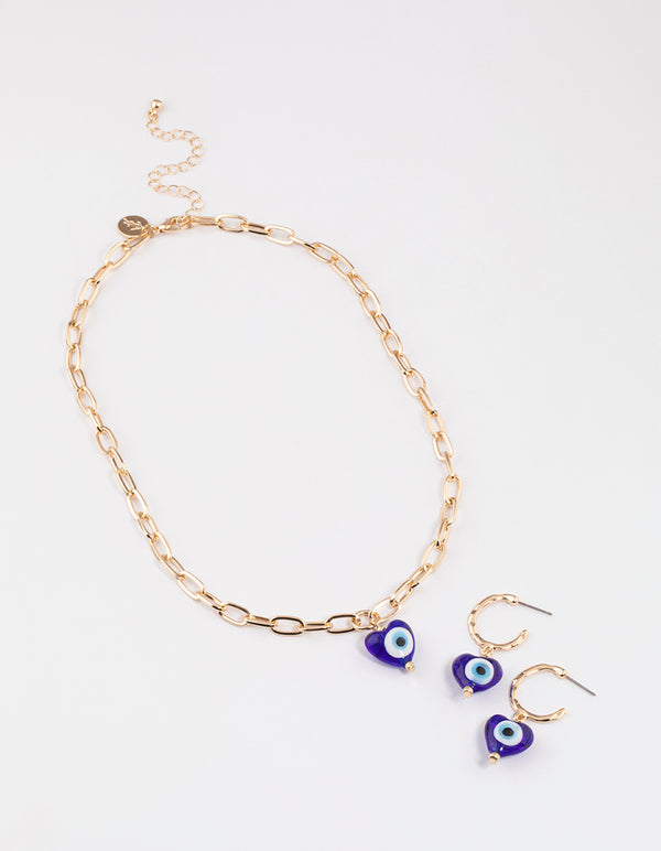 Blue Evil Eye Heart Earrings & Necklace Set