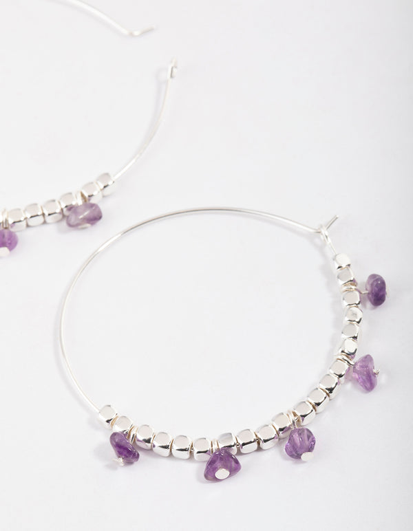 Silver Amethyst Mixed Beaded Hoop Earrings