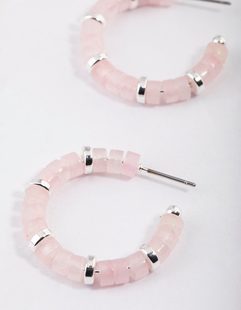 Silver Rose Quartz Mixed Disc Beaded Hoop Earrings