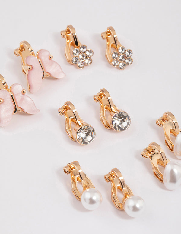 Gold Garden Motif Clip On Earrings 5-Pack