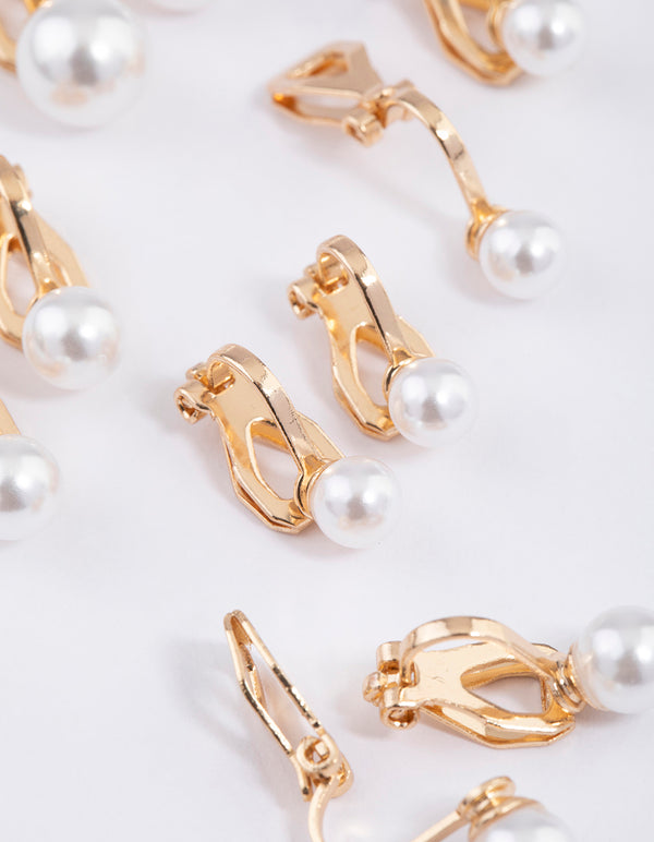 Gold Graduating Pearl Clip On Earrings 5-Pack