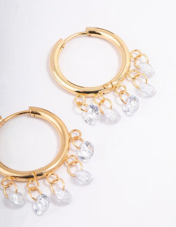 Waterproof Gold Plated Stainless Steel Cubic Zirconia Droplet Hoop Earrings