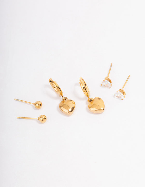 Waterproof Gold Plated Stainless Steel Cubic Zirconia & Huggie Heart Earrings Pack
