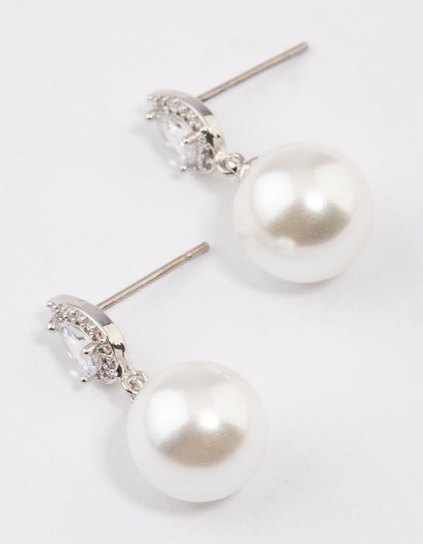 Silver Diamante Pear & Pearl Drop Earrings