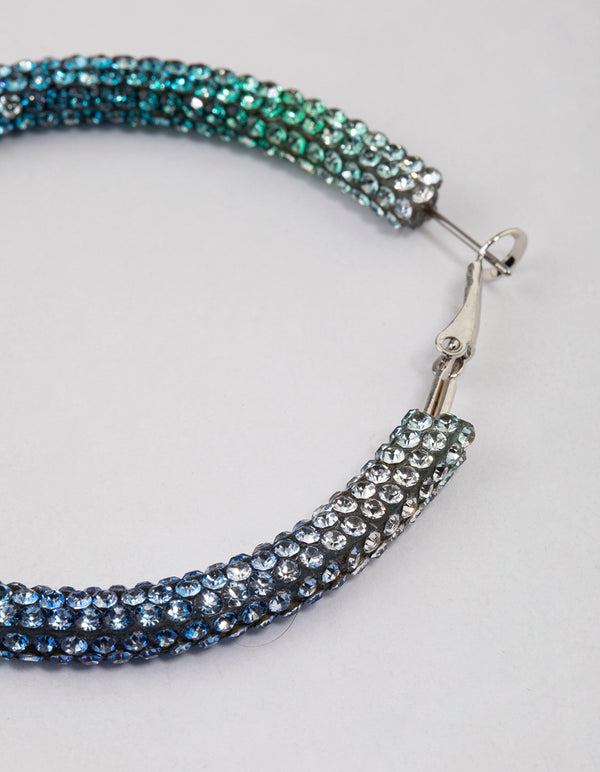 Silver Blue Jet Crusted Hoop Earrings