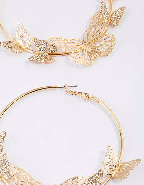 Gold Diamante Butterlfy Hoop Earrings
