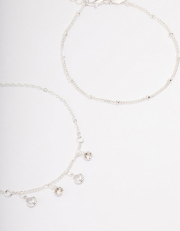 Silver Dainty Diamante & Pearl Bracelet Pack