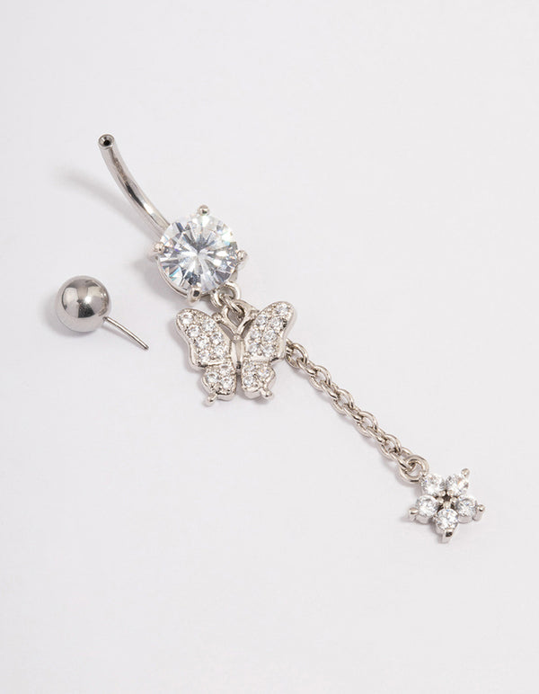 Surgical Steel Cubic Zirconia Butterfly Chain Belly Ring