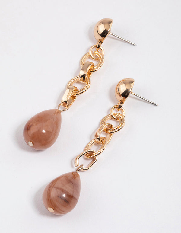 Brown Beaded & Link Drop Earrings