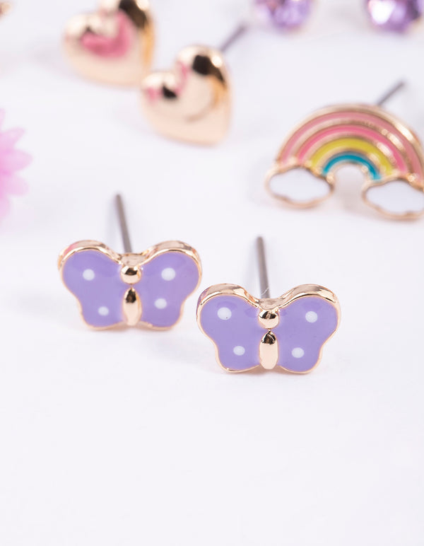 Kids Purple Star Rainbow Stud Earrings 6-Pack