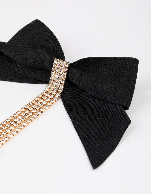Gold Diamante Statement Bow Drop Earrings