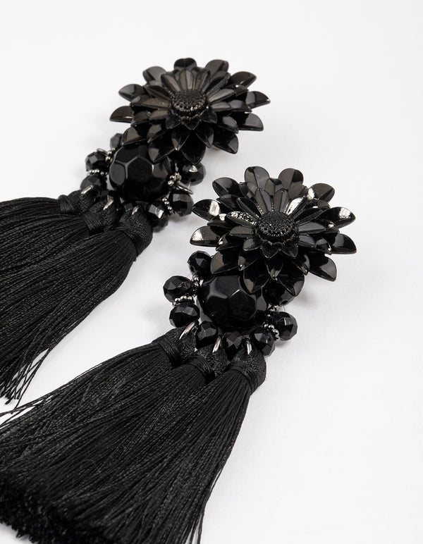 Coated Black Statement Flower Tassel Drop Earrings