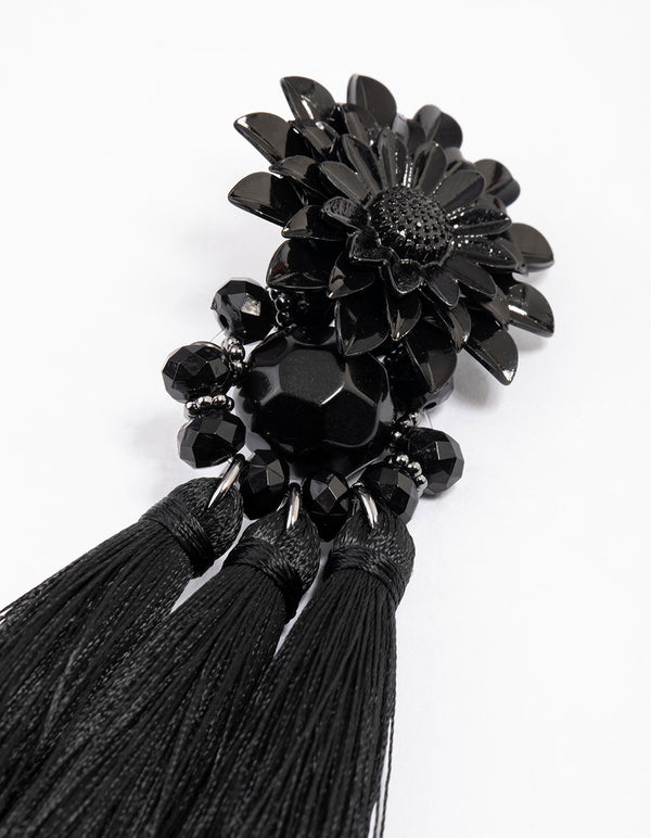 Coated Black Statement Flower Tassel Drop Earrings