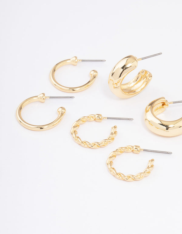 Gold Plated Smooth Chunky Hoop Earrings 4-Pack