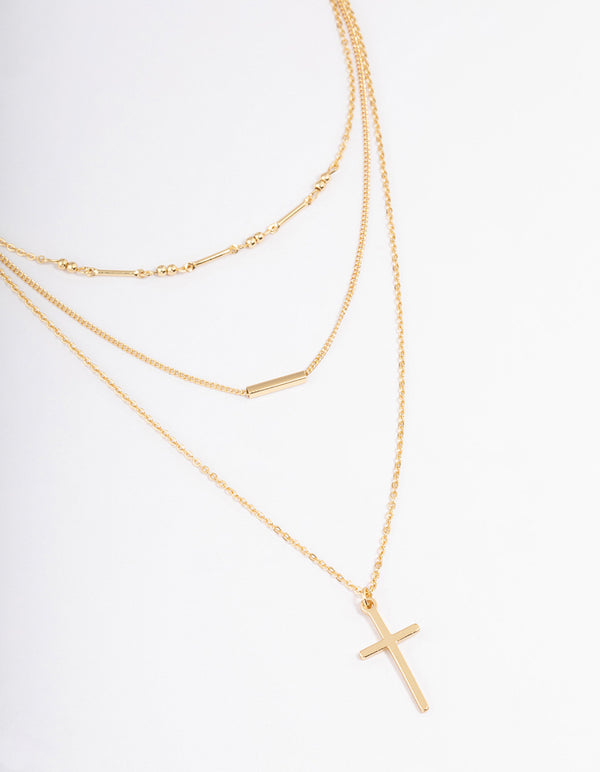 Gold Plated Layer Bar & Cross Necklace