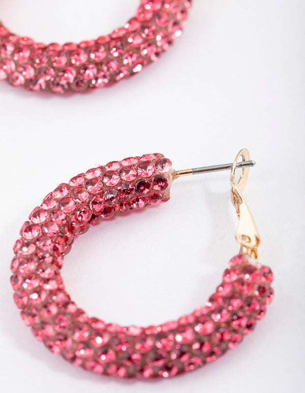 Coated Pink Jet Crusted Hoop Earrings