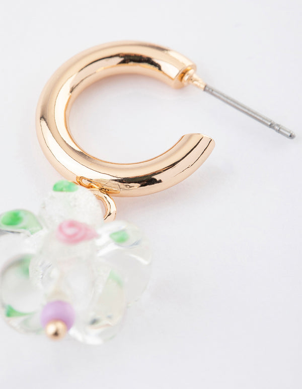 Gold Puffy Flower Drop Earrings