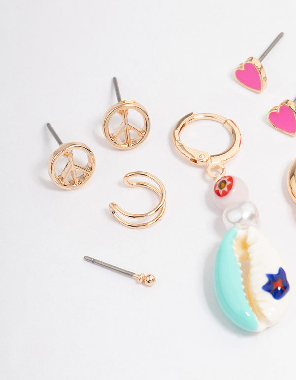 Gold Heart & Peace Earrings 4-Pack