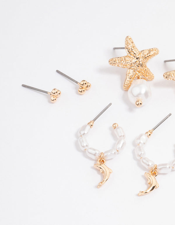 Gold Starfish Pearl Earrings 4-Pack