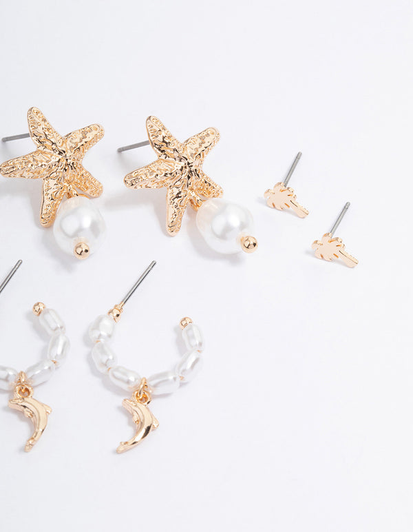 Gold Starfish Pearl Earrings 4-Pack
