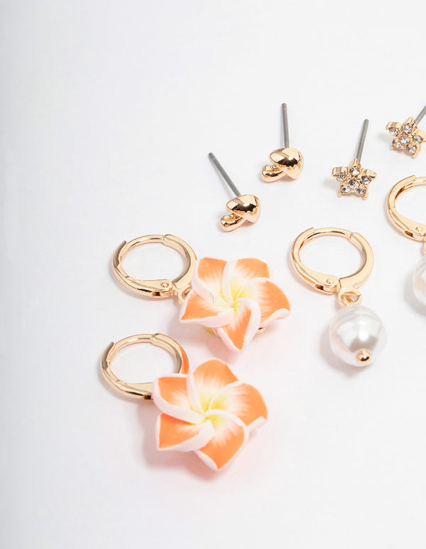 Gold Mushroom & Flower Earrings 4-Pack