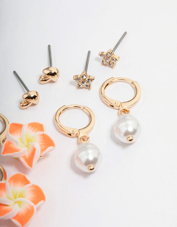 Gold Mushroom & Flower Earrings 4-Pack