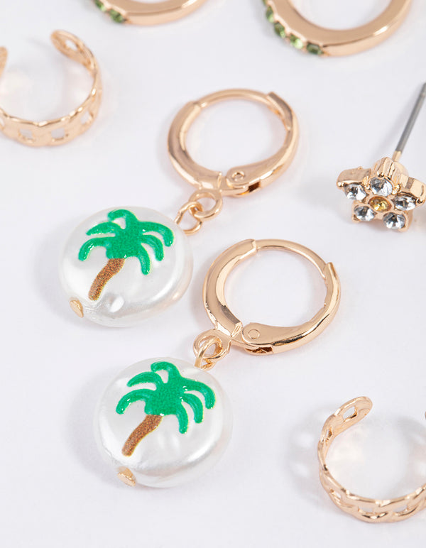 Gold Palm Tree & Pearl Earrings 4-Pack