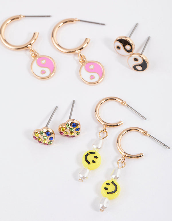 Gold Smiley Heart Earrings 4-Pack