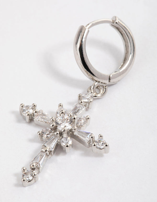 Silver Cubic Zirconia Decorated Cross Drop Earrings