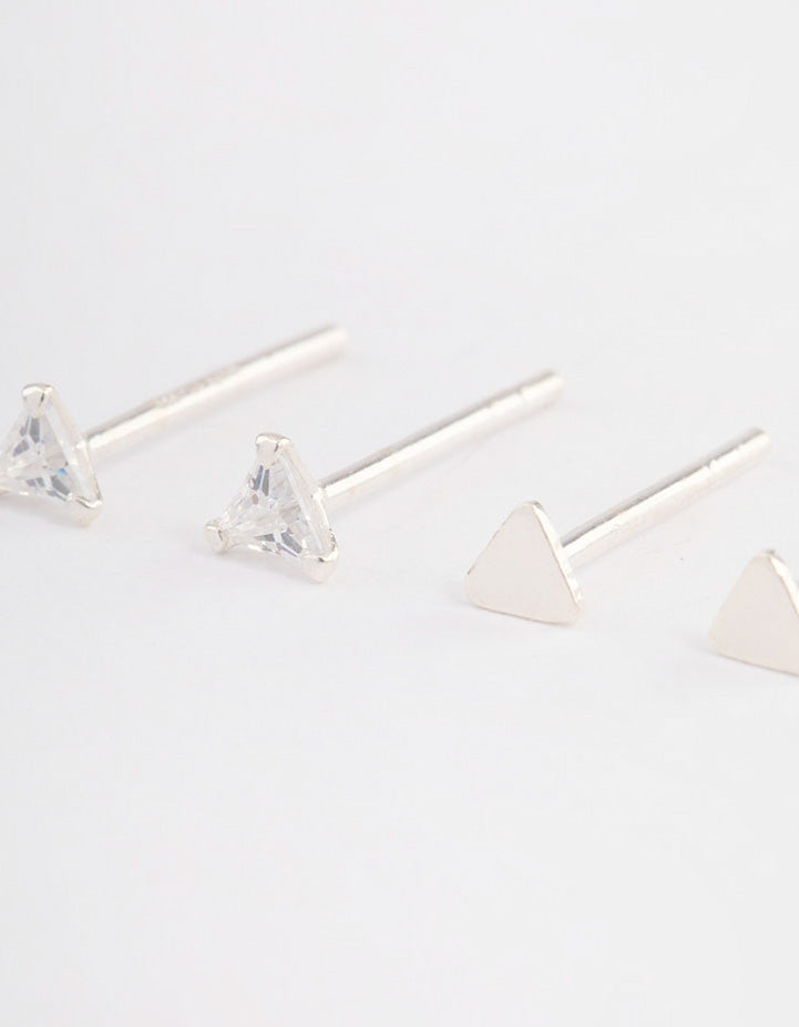 Sterling Silver Plain & Diamante Triangle Stud Earring Pack