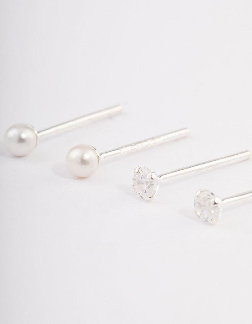Sterling Silver Pearl & Diamante Stud Earring Pack