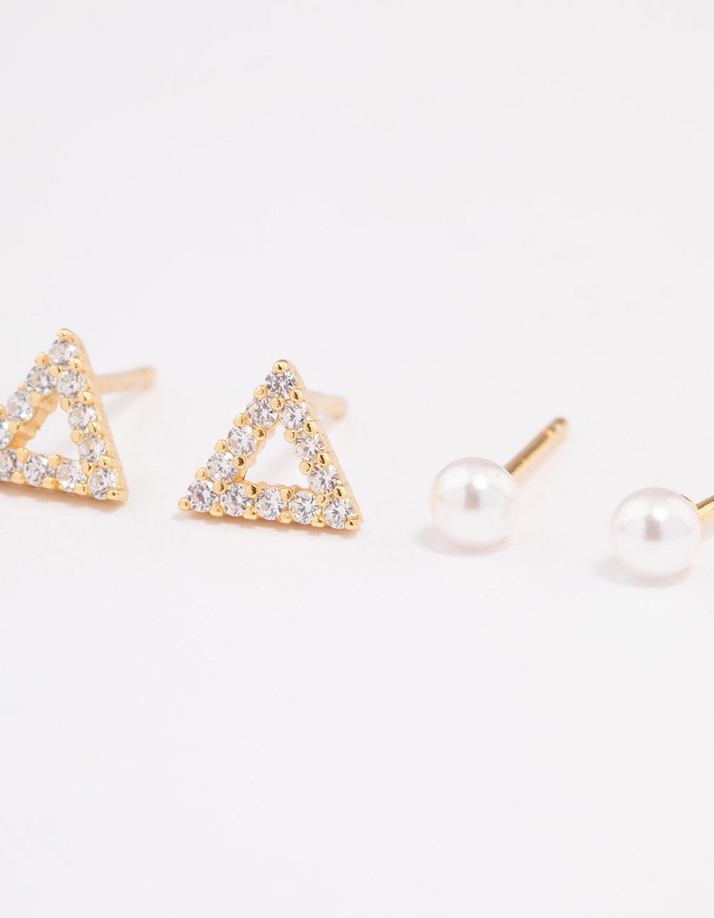 Gold Plated Sterling Silver Diamante Triangle & Pearl Stud Earring Pack