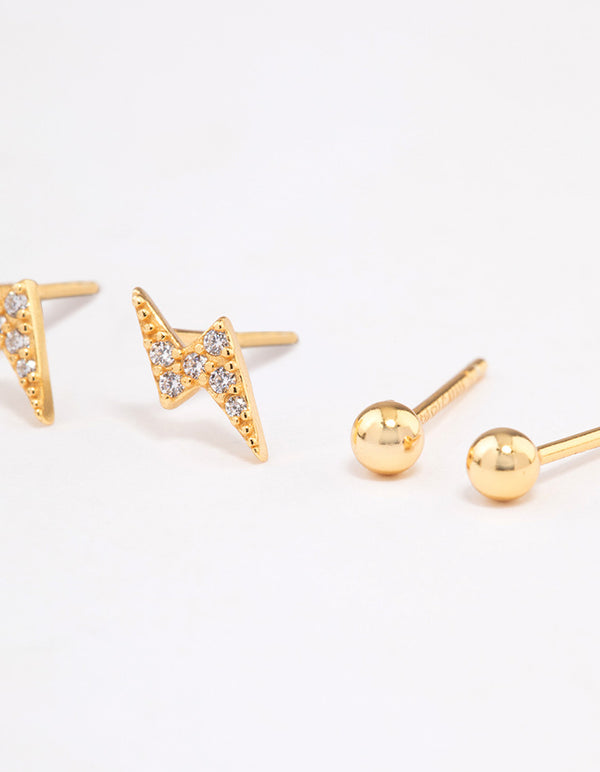 Gold Plated Sterling Silver Diamante Lightning Bolt Earring Pack