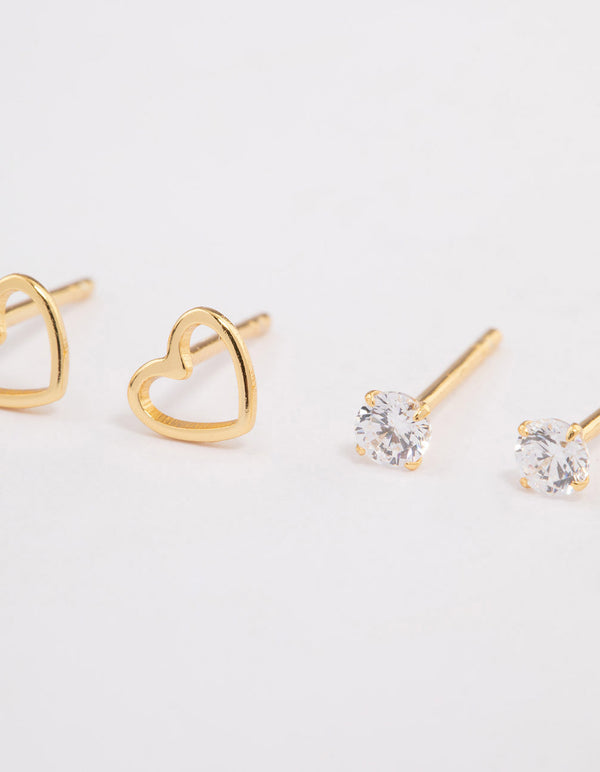 Gold Plated Sterling Silver Cut Out Heart Stud Earring Pack