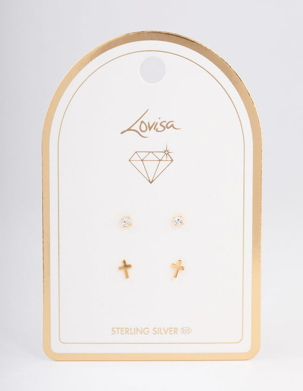 Gold Plated Sterling Silver Diamante & Cross Stud Earring Pack