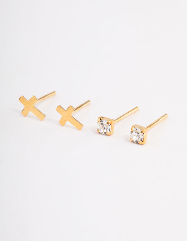 Gold Plated Sterling Silver Diamante & Cross Stud Earring Pack