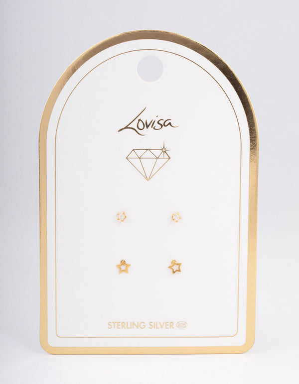 Gold Plated Sterling Silver Diamante Cut Out Star Stud Earring Pack