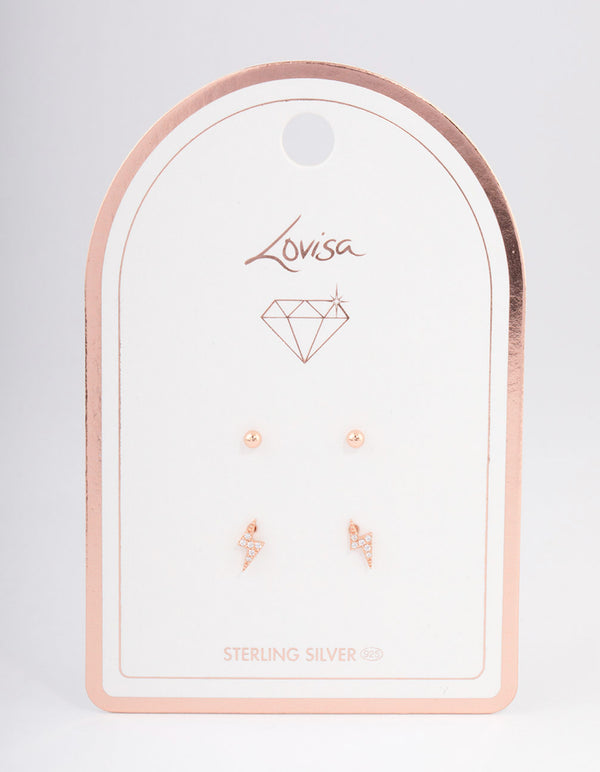 Rose Gold Plated Sterling Silver Diamante Lightning Earring Pack