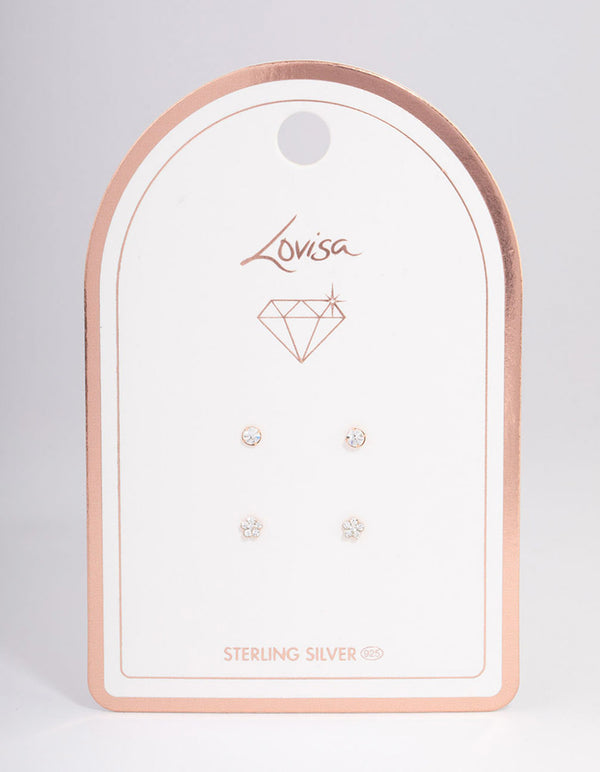 Rose Gold Plated Sterling Silver Diamante & Flower Stud Earring Pack