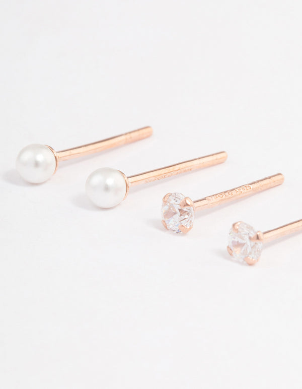 Rose Gold Plated Sterling Silver Pearl & Diamante Stud Earring Pack