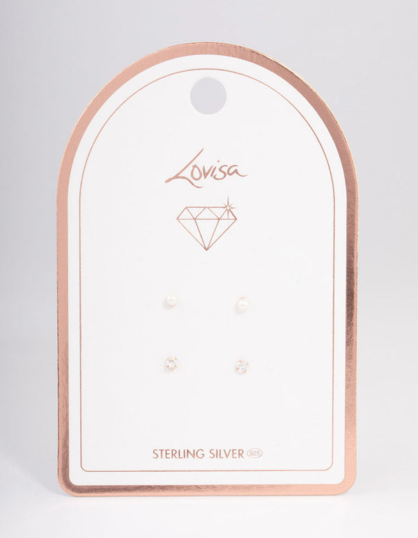 Rose Gold Plated Sterling Silver Pearl & Diamante Stud Earring Pack