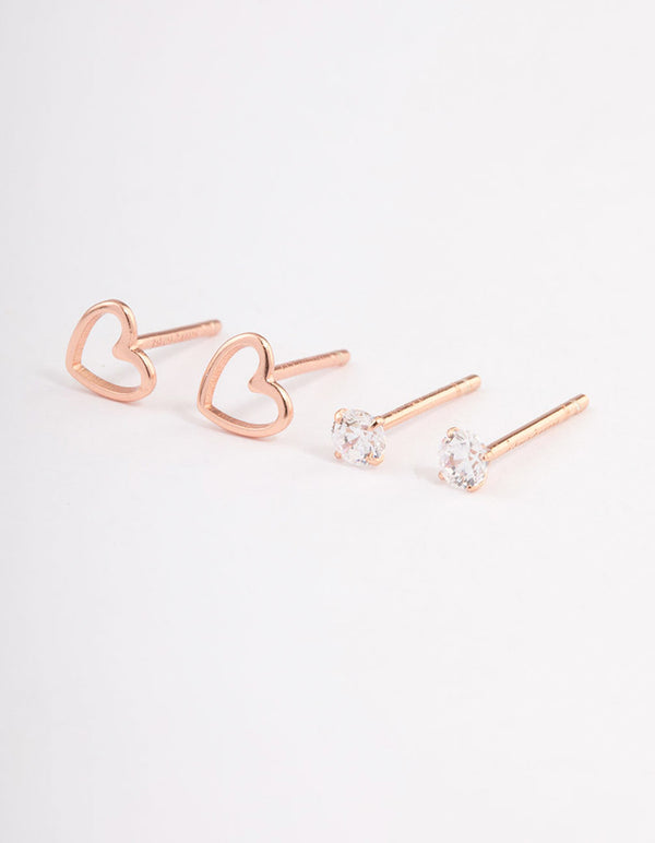 Rose Gold Plated Sterling Silver Heart Cut Out Stud Earring Pack