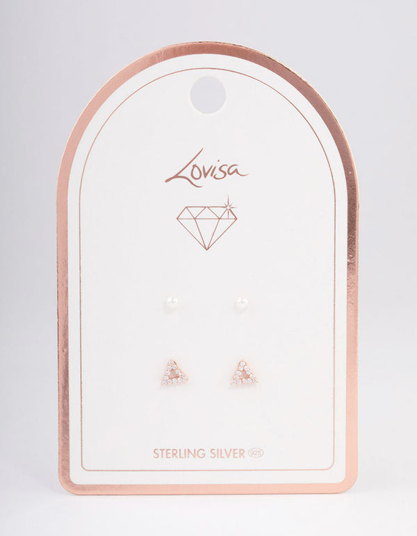 Rose Gold Plated Sterling Silver Diamante Triangle & Pearl Stud Earring Pack